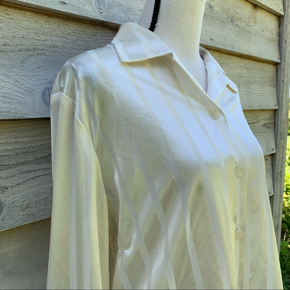 Vintage 90s Ivory White Striped Long Sleeve Collared Button Down Semi Sheer Top - Picture 5 of 16